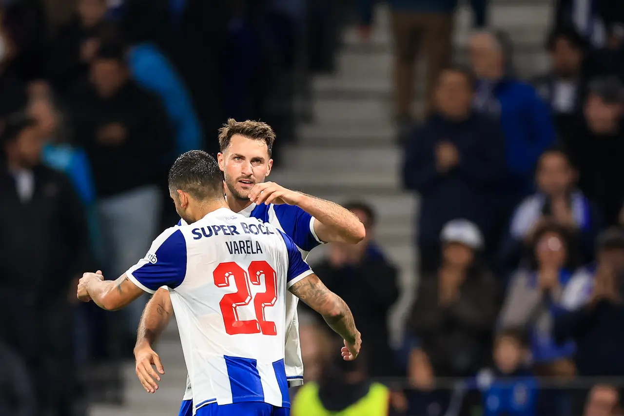 FC Porto's Santiago Gimenez (R) celebrates with Alan Varela after scoring a goal during the Portuguese