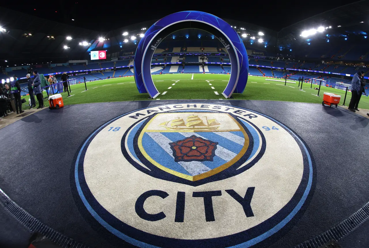 Champions League branding at the Etihad Stadium ahead of the UEFA Champions League match between Manchester City