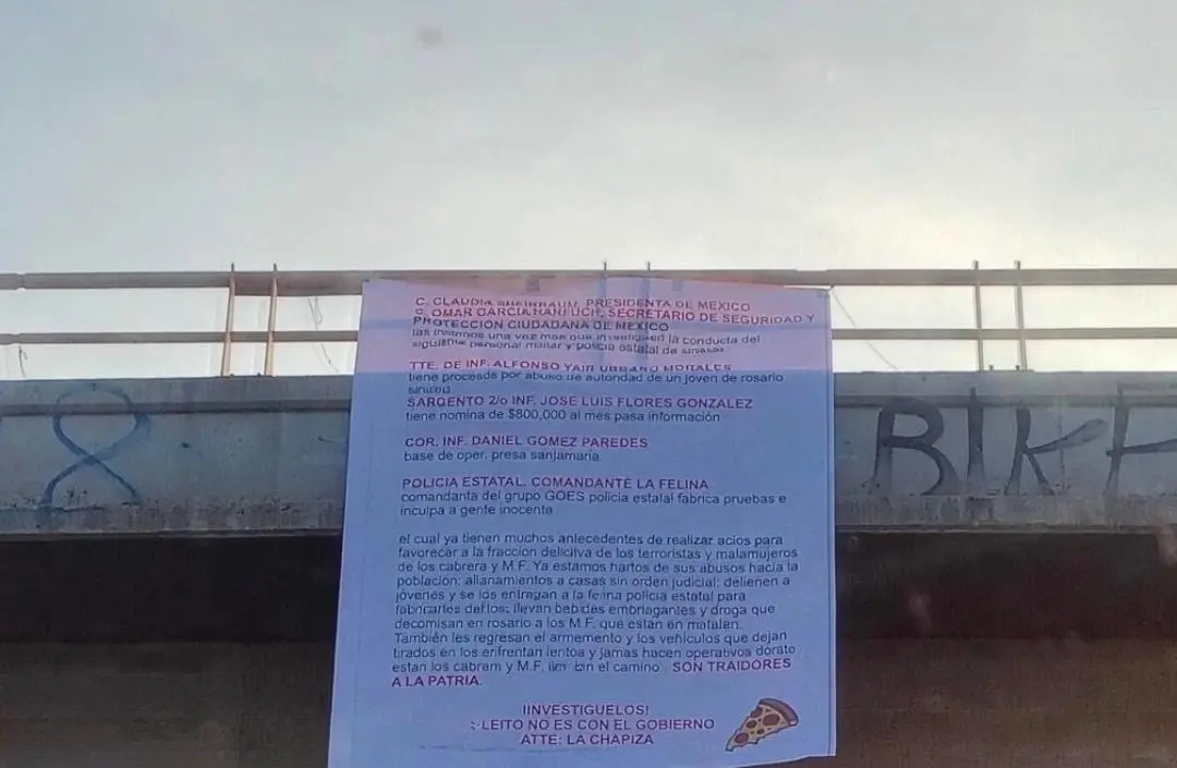 Aparecen lonas contra mandos del Ejército y Policía Estatal en Sinaloa