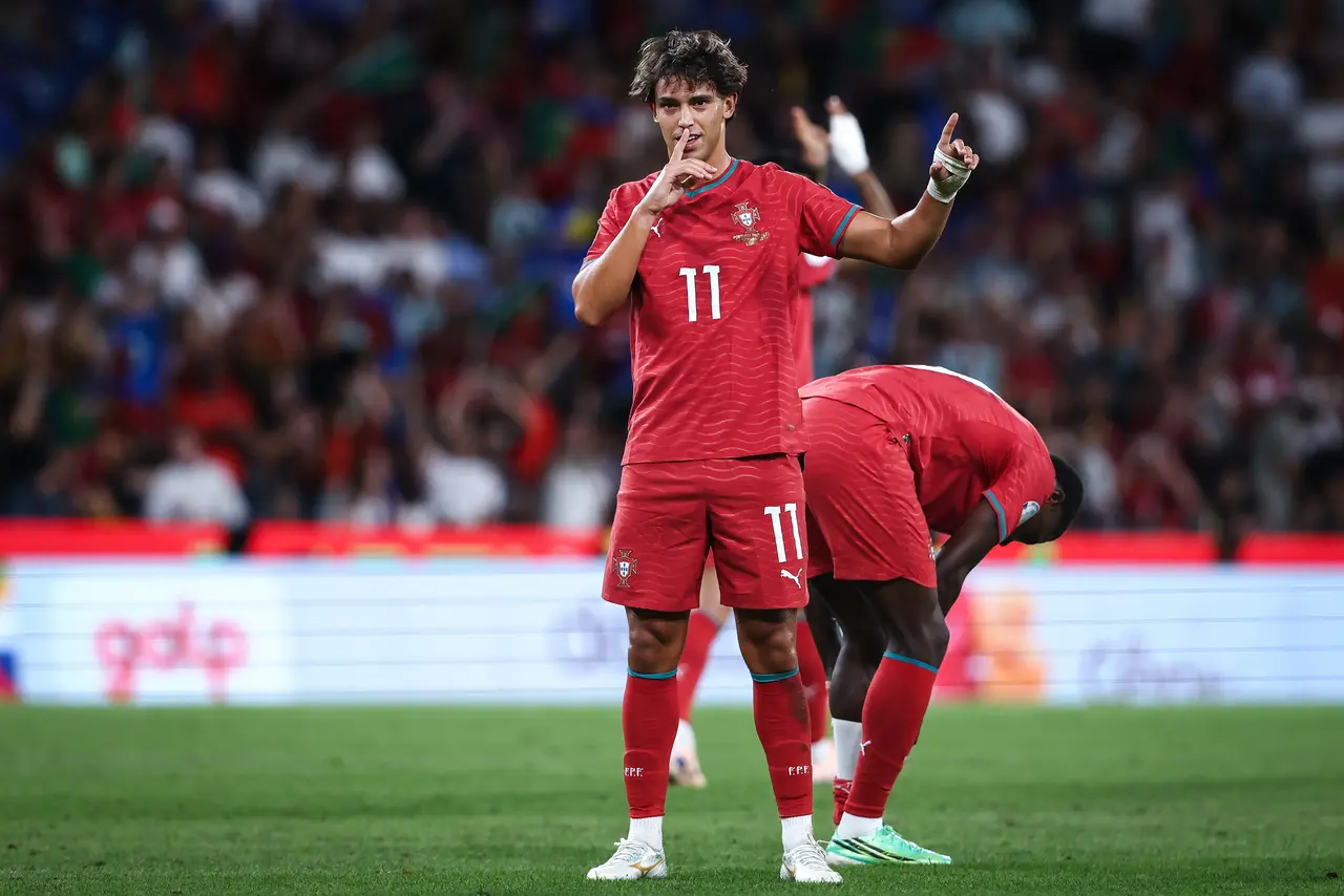  Portugal player Joao Felix poses after scoring the 1-0 opening goal during the UEFA Nations League match in Lisbon