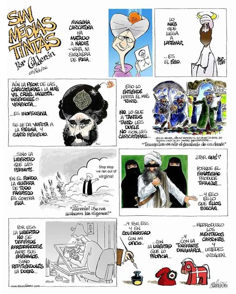 Imagen cortesía del caricaturista Paco Calderón, reproducción de lo publicado por el periódico danés Jyllands-Posten