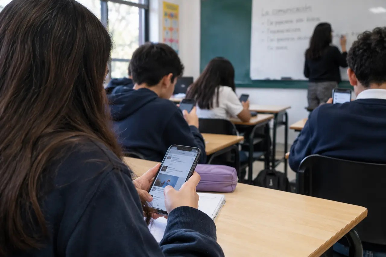 Estudiantes utilizan teléfonos móviles y dispositivos digitales durante una clase