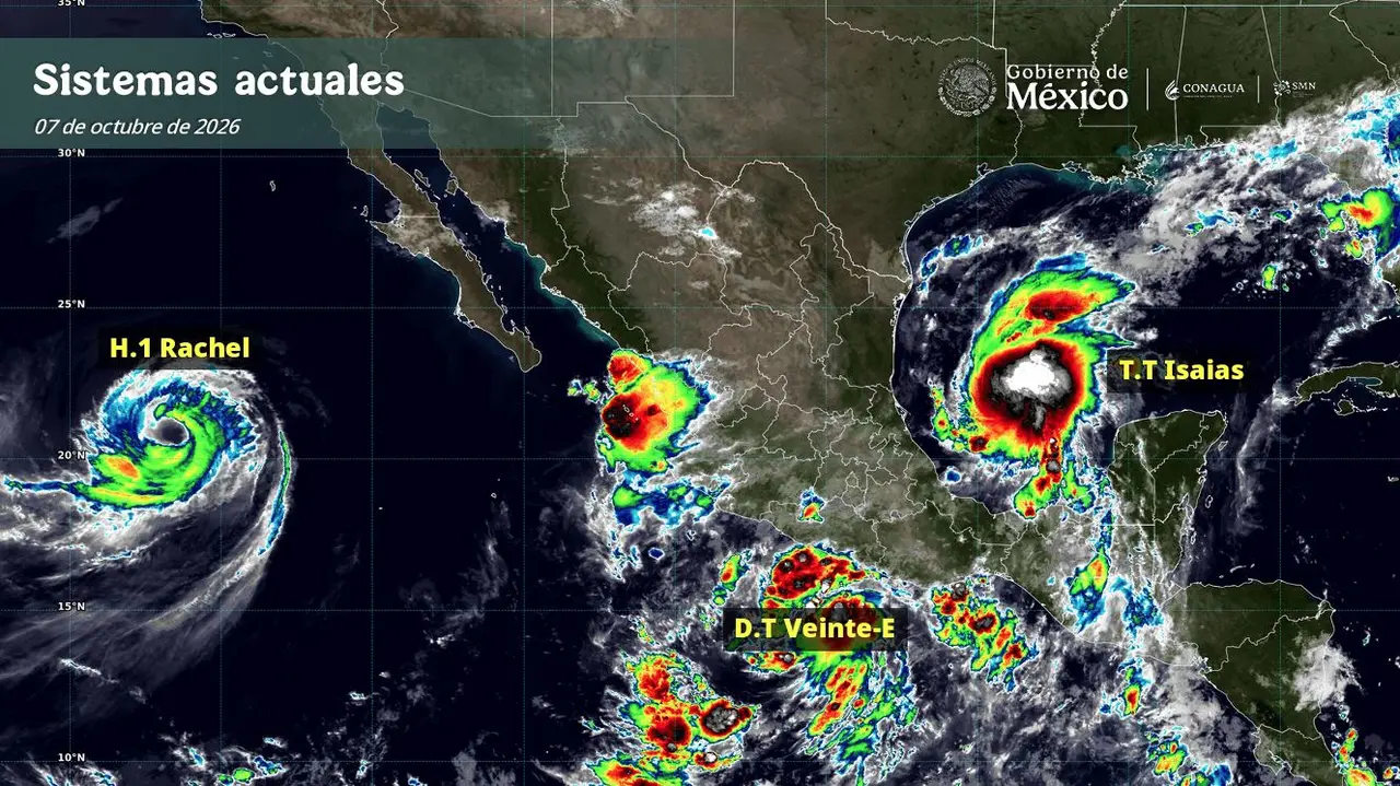 Mapa meteorológico de México con la trayectoria de tres ciclones que afectan al Pacífico y golfo de México
