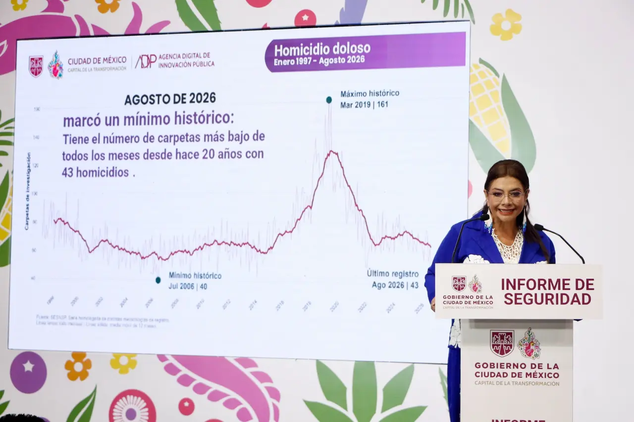 Clara Brugada durante la presentación del informe mensual de seguridad de la Ciudad de México