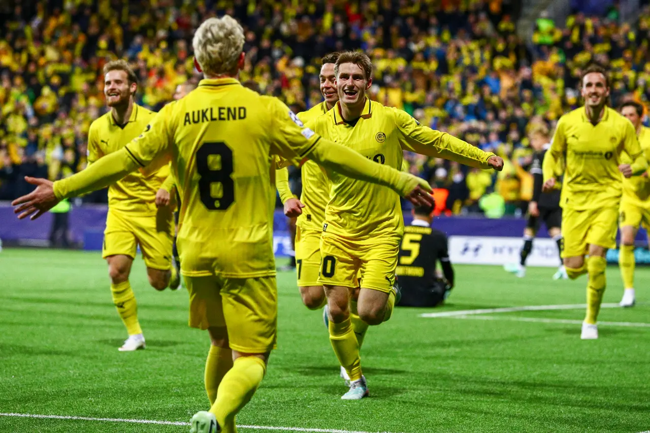 Bodo/Glimts Fredrik Sjovold (C) celebrates his 1-0 goal during the UEFA Champions League match between Bodo/Glimt