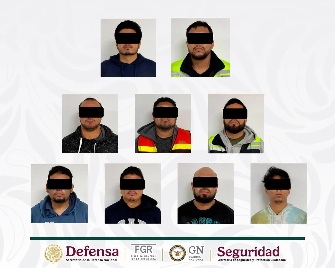 Fuerzas federales detienen a nueve personas y aseguran armas, inhibidores y mercancía robada en San Luis Potosí.