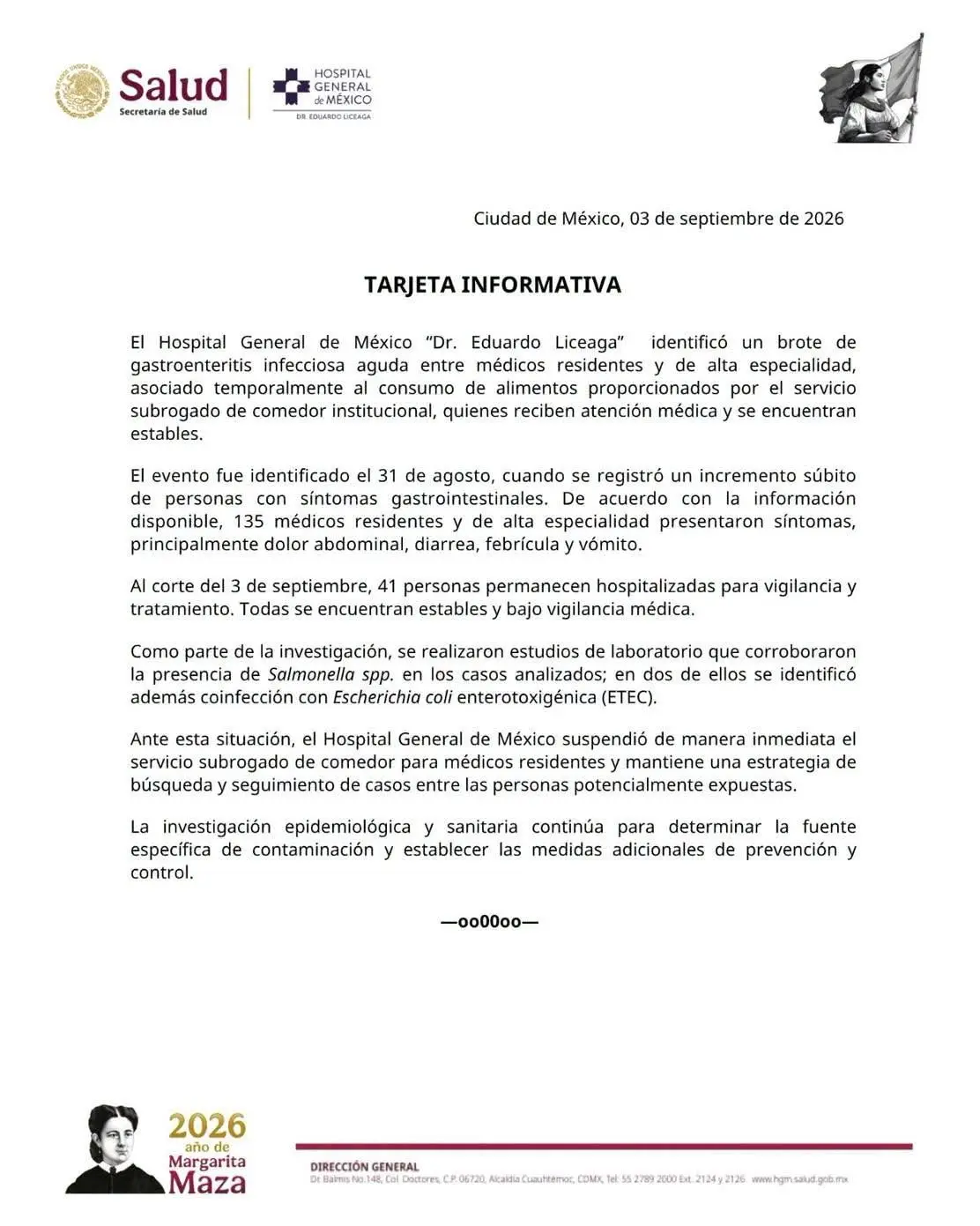 Detectan brote de gastroenteritis en Hospital General de México; 41 personas siguen hospitalizadas