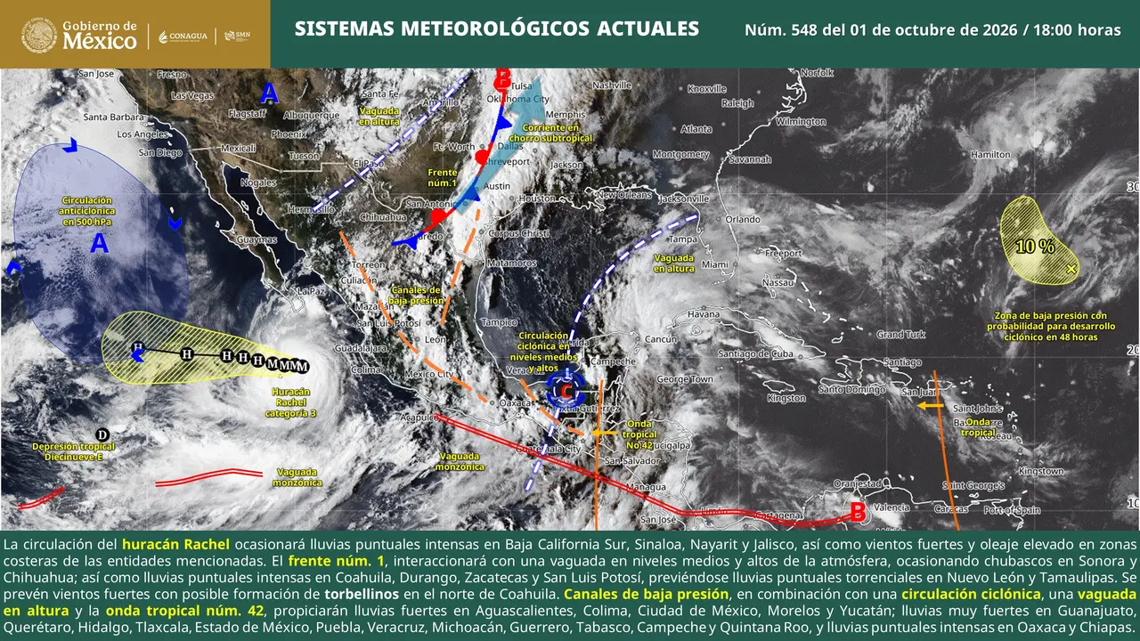 Pronóstico del clima en México este 2 de octubre con lluvias en Valle de México, Jalisco y Monterrey por huracán Rachel, frente frío 1 y onda tropical 42.