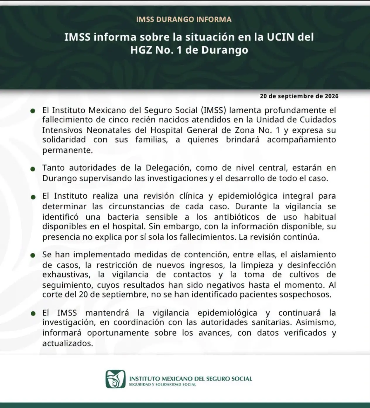 IMSS mantiene vigilancia epidemiológica tras el fallecimiento de cinco recién nacidos en Durango.
