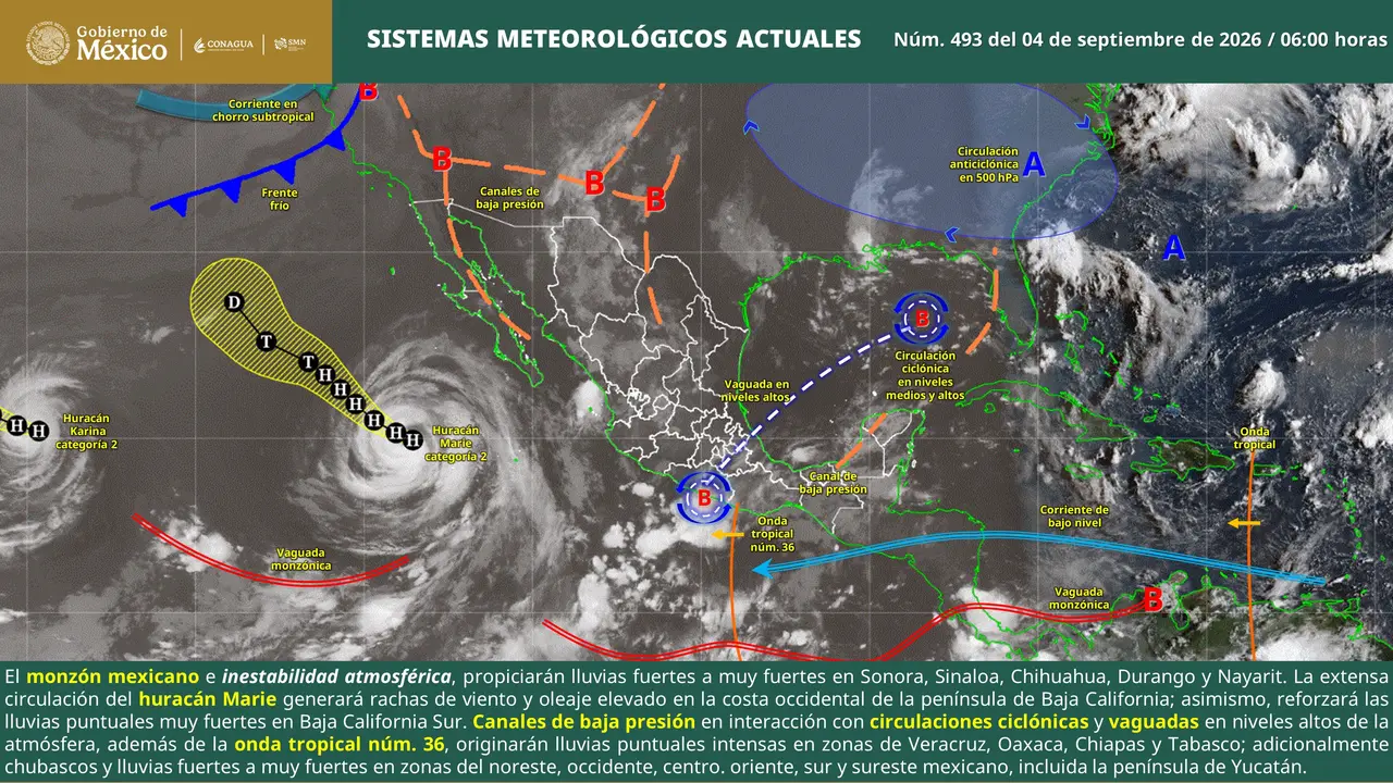 Mapa del pronóstico del clima en México para el viernes 4 de septiembre de 2026, con lluvias intensas y temperaturas de hasta 45 grados.