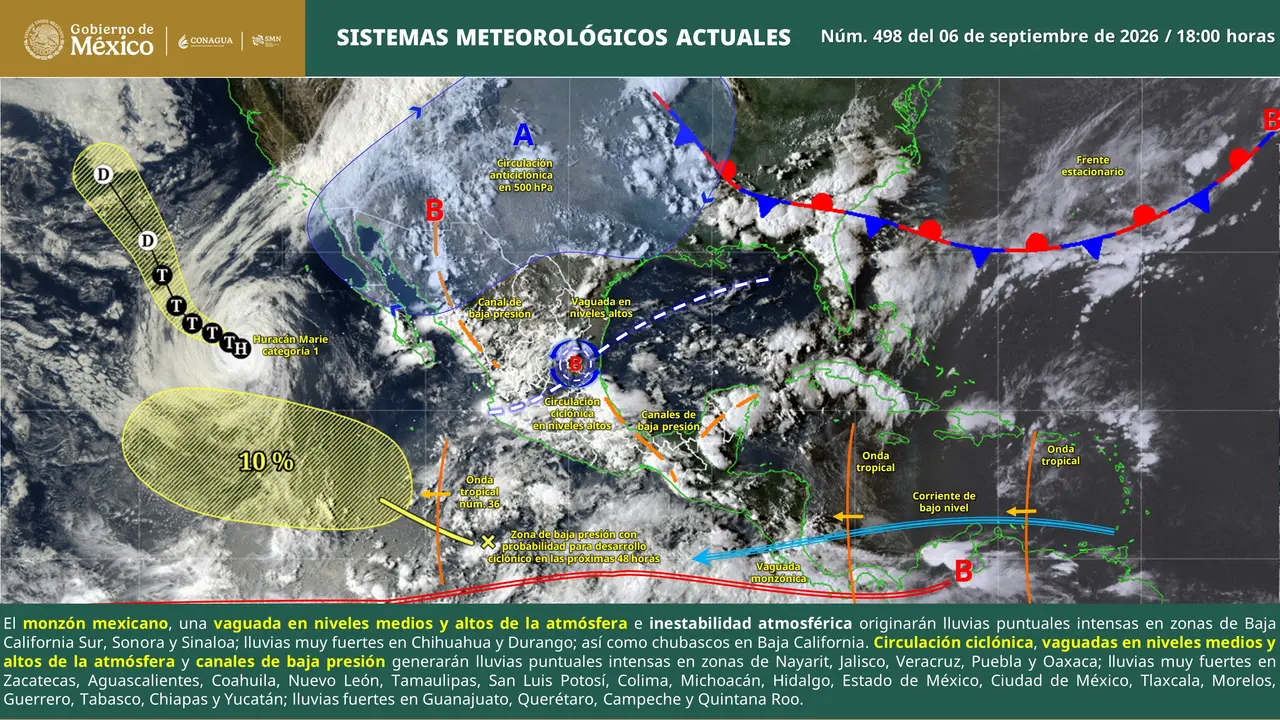 Lluvias intensas y cielo nublado durante el pronóstico del clima en México este 7 de septiembre de 2026.