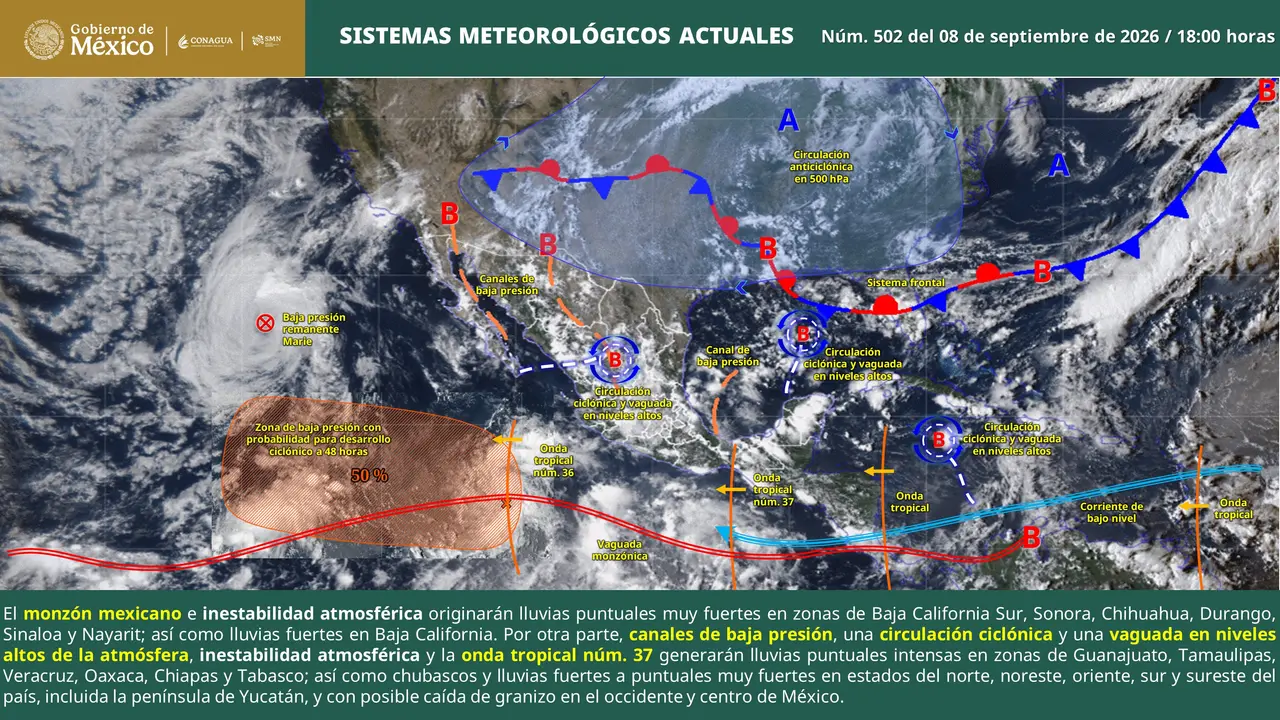 Mapa del pronóstico del clima en México para el miércoles 9 de septiembre de
