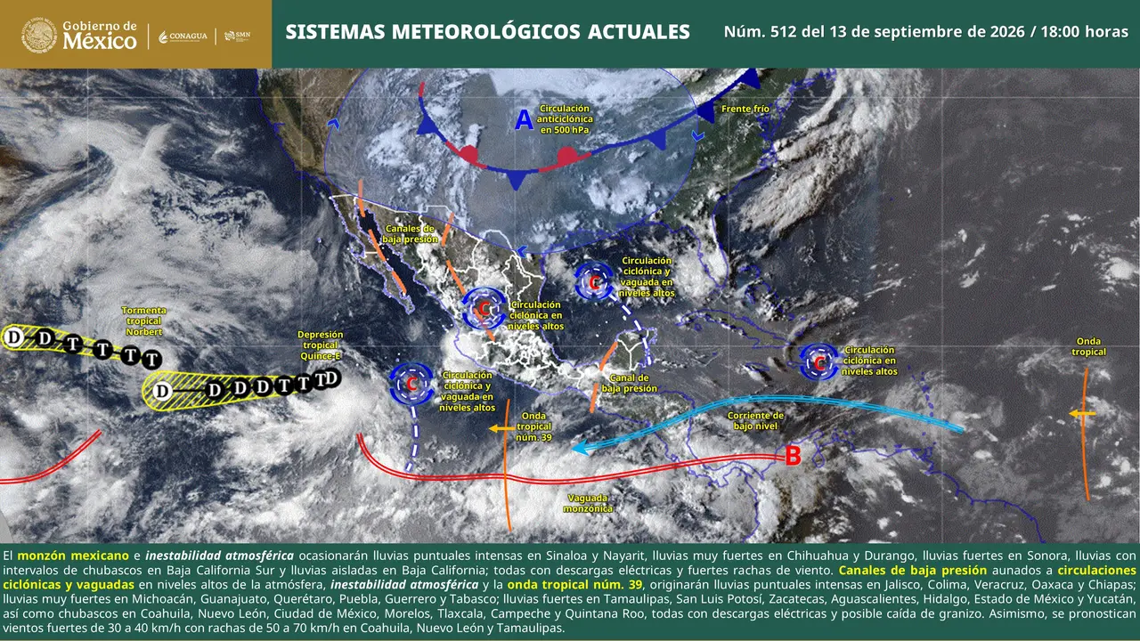 Clima en México este 14 de septiembre de 2026 con lluvias intensas y temperaturas de hasta 45 grados