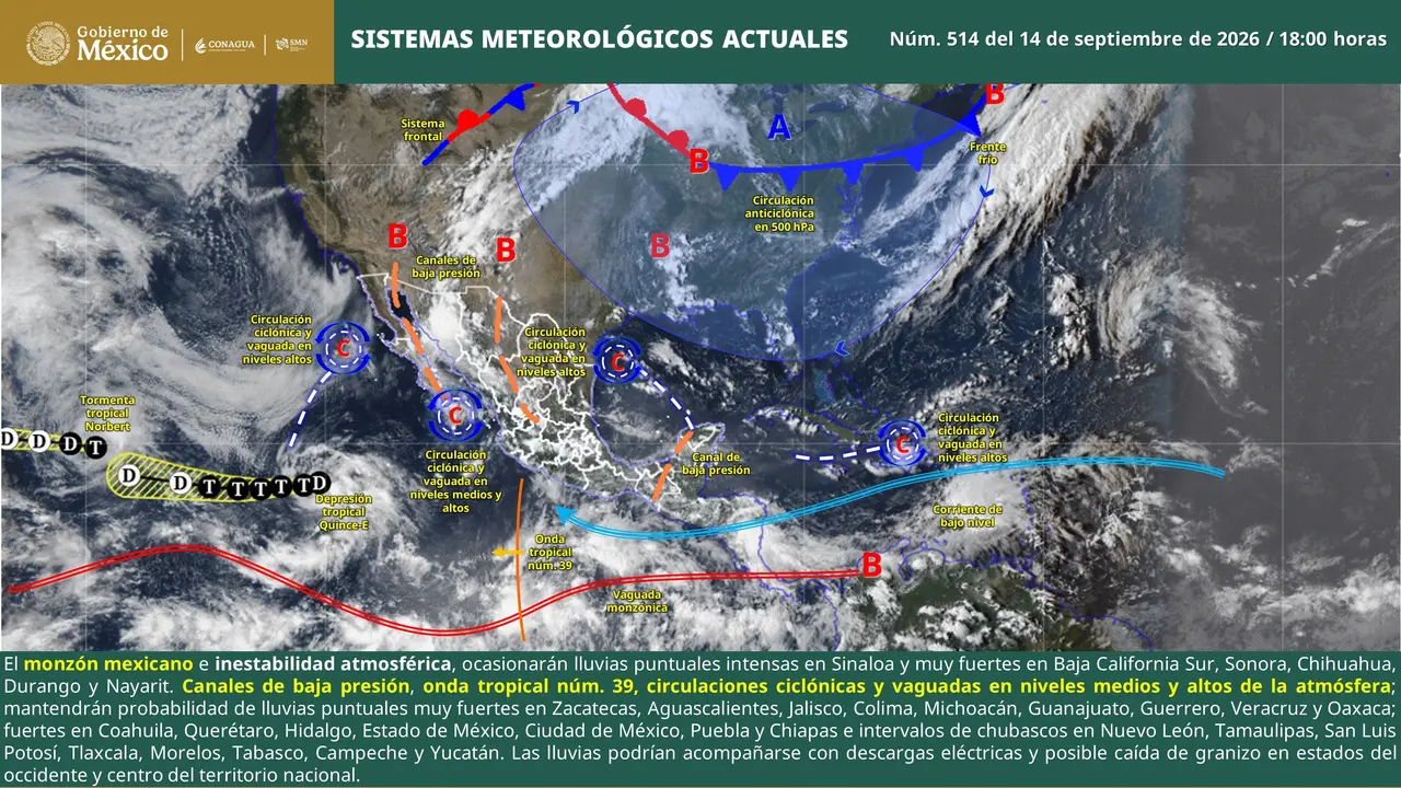 Mapa del pronóstico del clima en México para el 15 de septiembre de 2026 con zonas de lluvias y altas temperaturas.