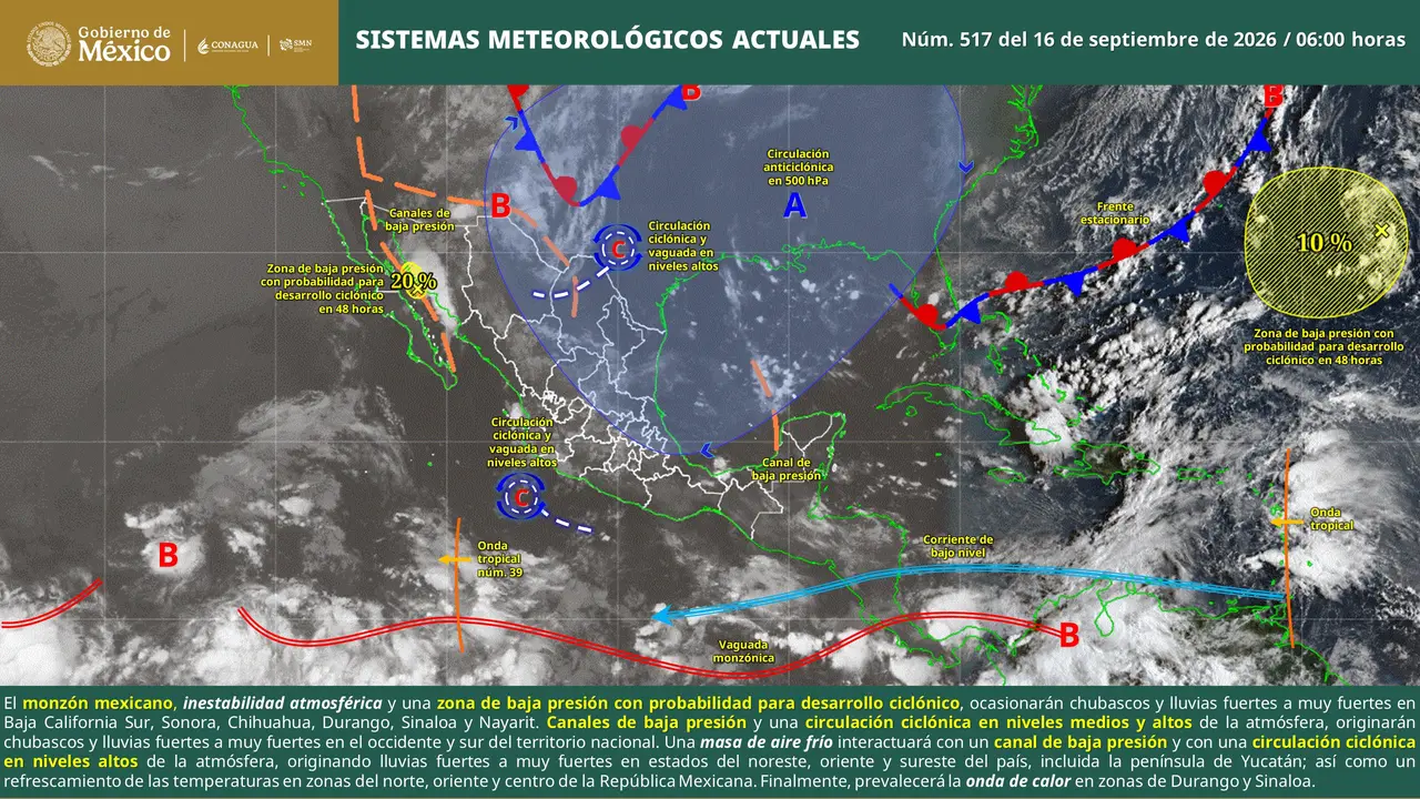 Mapa del pronóstico de lluvias fuertes en México este 16 de septiembre.