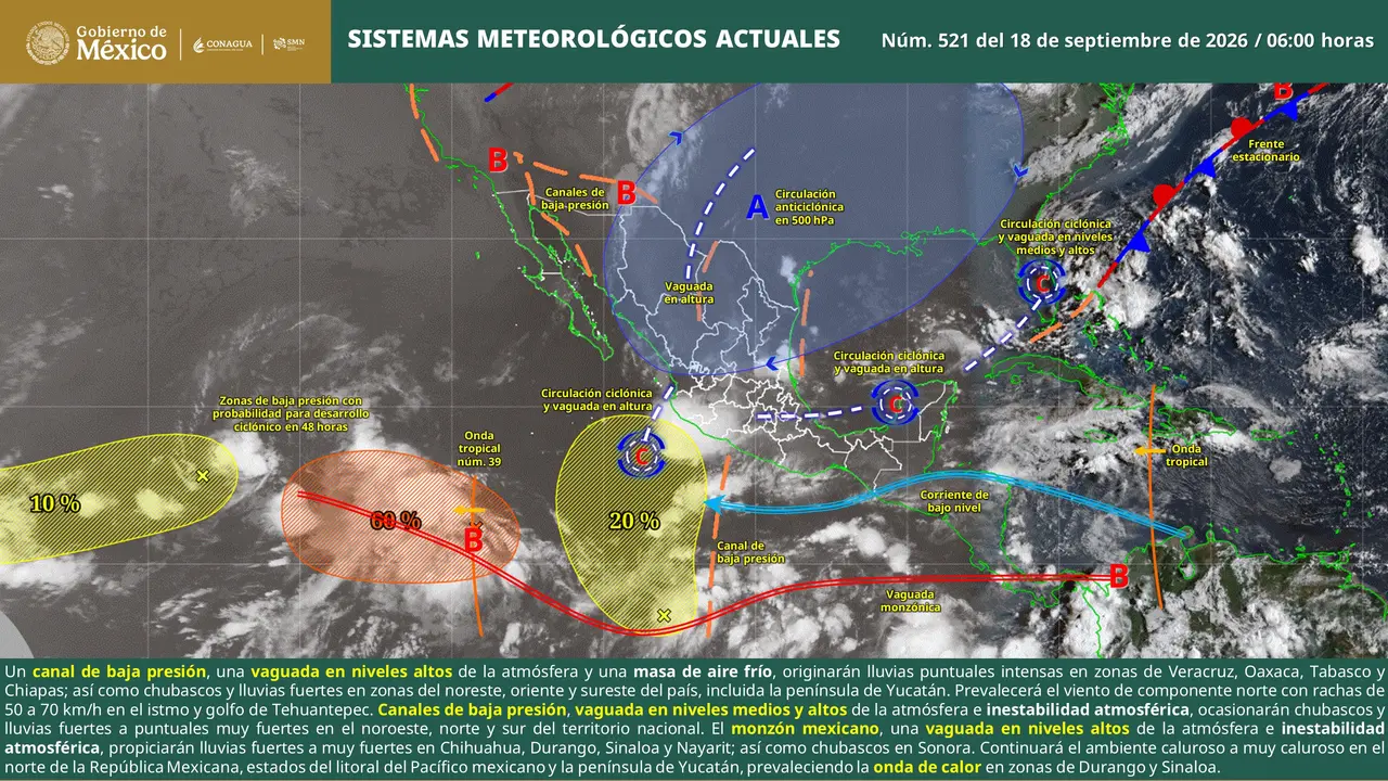 Mapa del pronóstico del clima en México para el viernes 18 de septiembre de 2026