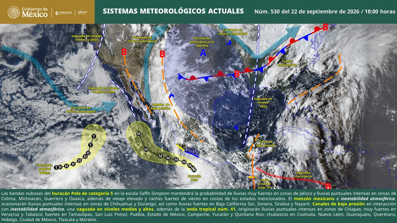 Huracán Polo provoca lluvias intensas y oleaje elevado en el Pacífico mexicano este 23 de septiembre de 2026.