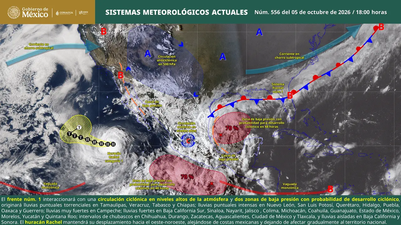 Pronóstico del clima en México para el 6 de octubre de 2026 con lluvias torrenciales y altas temperaturas