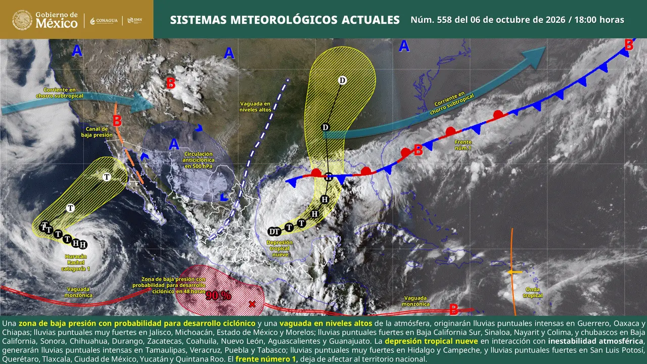Mapa del pronóstico del clima en México para el miércoles 7 de octubre de 2026 con lluvias intensas y temperaturas de hasta 45 grados.