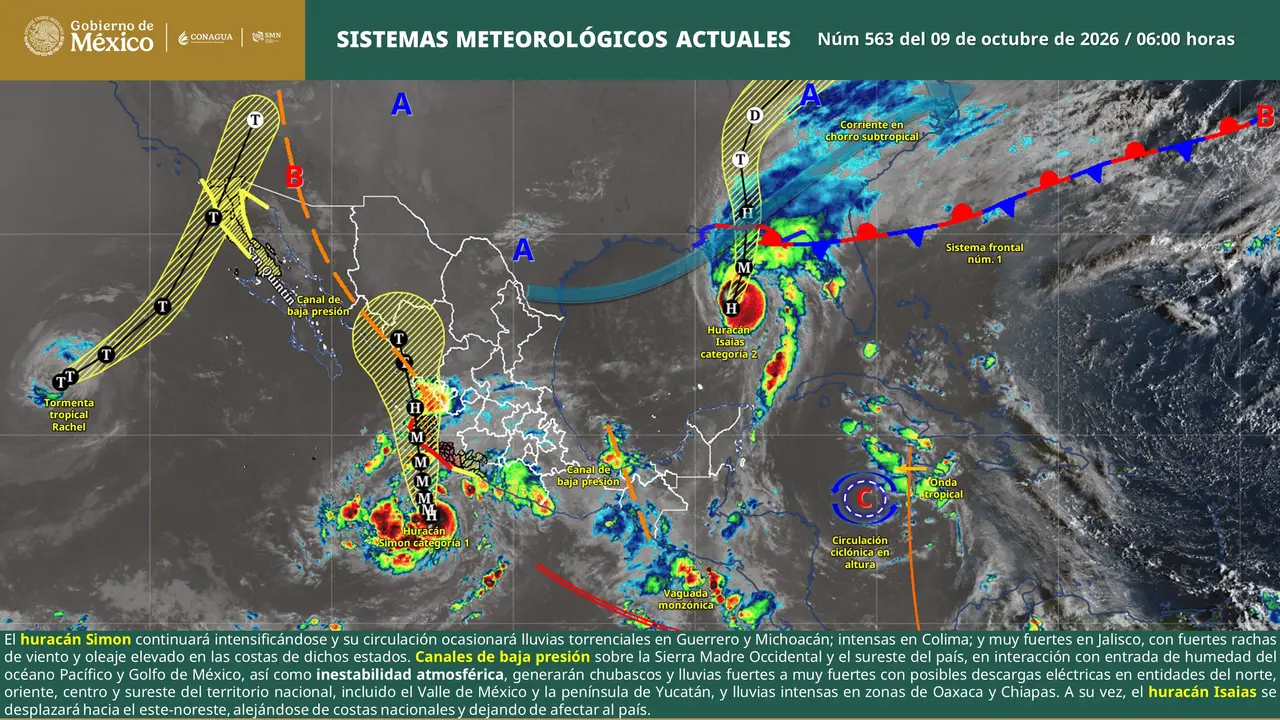 Mapa del pronóstico del clima en México para el 9 de octubre de 2026, con lluvias torrenciales en Guerrero y Michoacán y precipitaciones en el centro del país.
