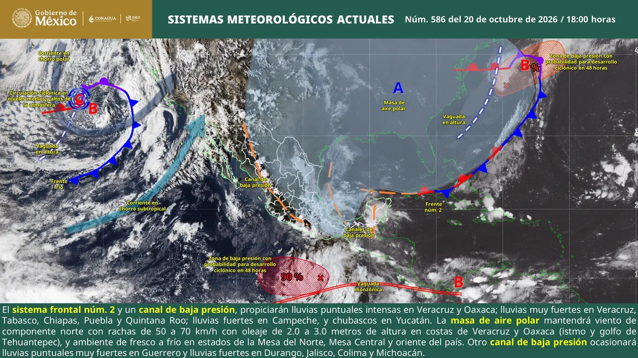 Pronóstico del clima en México este 21 de octubre de 2026, con lluvias intensas, descenso de temperaturas y fuertes vientos por sistemas frontales.