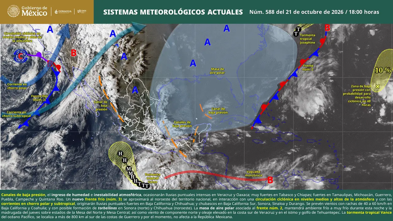 Mapa meteorológico de México con pronóstico de lluvias fuertes en el sur y sureste, bajas temperaturas en zonas serranas y efectos del frente frío número 3 el 22 de octubre de 2026.
