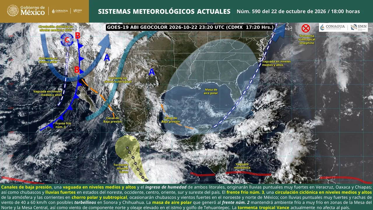 Pronóstico del clima en México para el 23 de octubre de 2026, con lluvias por el frente frío número 3, bajas temperaturas en zonas serranas y calor en regiones del norte y sureste.