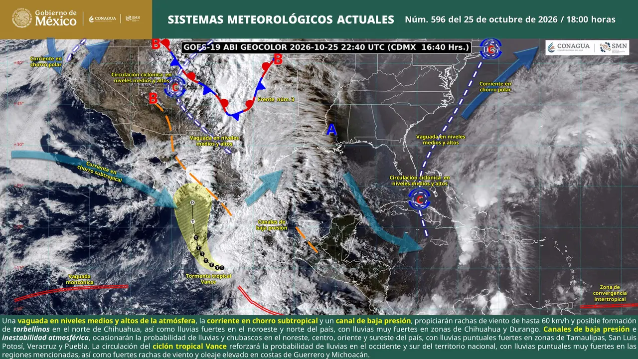 Mapa del pronóstico del clima en México para el 26 de octubre de 2026, con lluvias fuertes en Jalisco y Nayarit, vientos intensos y bajas temperaturas en zonas serranas.