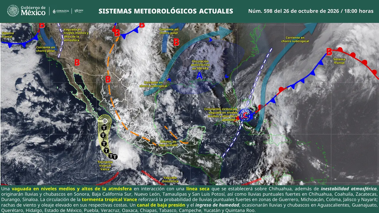 Mapa del pronóstico del clima en México para el 27 de octubre de 2026, con lluvias fuertes en el Pacífico, temperaturas elevadas en el norte y frío en zonas serranas.