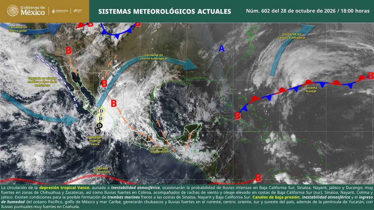 Mapa del pronóstico del clima en México para el 29 de octubre de 2026, con lluvias fuertes en el noroeste y occidente, temperaturas bajo cero en zonas serranas y ambiente cálido en el sureste.