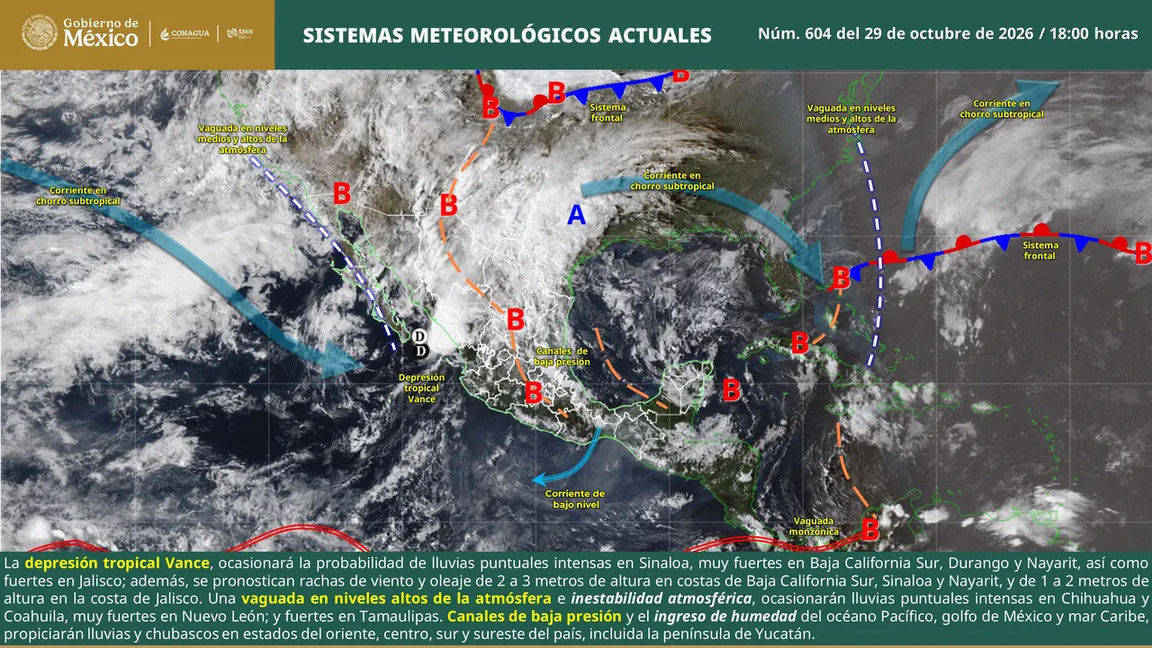 Mapa ilustrativo del pronóstico del clima en México para el 30 de octubre de 2026, con lluvias fuertes en el norte y noroeste, bajas temperaturas en zonas serranas y rachas de viento.