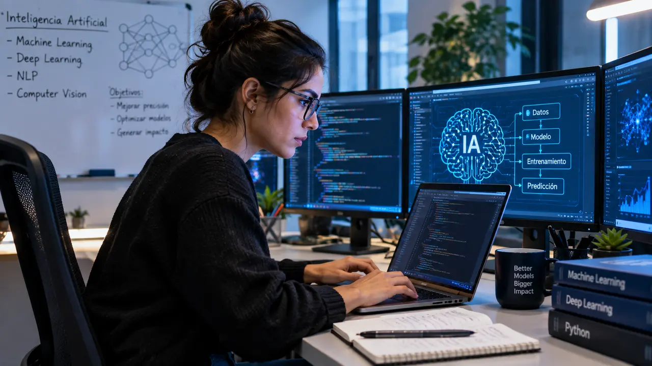 Mujer trabajando frente a una computadora en un entorno relacionado con inteligencia artificial y tecnología