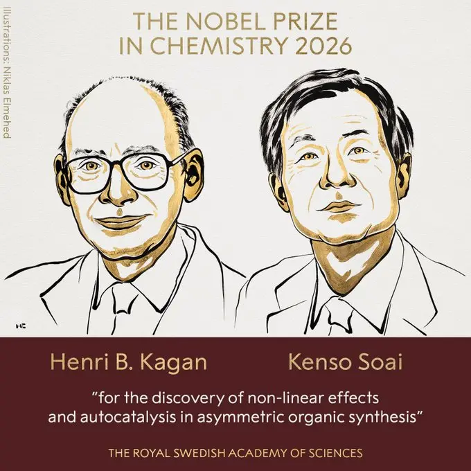 Henri B. Kagan y Kenso Soai, ganadores del Nobel de Química 2026 por sus investigaciones sobre autocatálisis y homoquiralidad.
