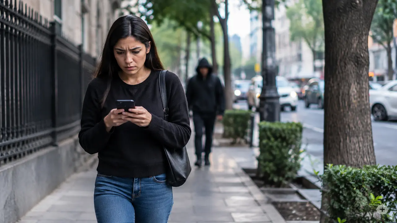Persona caminando por una zona urbana mientras utiliza su teléfono celular, en un contexto relacionado con la percepción de inseguridad
