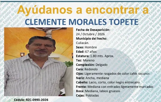 Ficha de búsqueda del sacerdote Clemente Morales Topete, de 67 años, reportado como desaparecido en Culiacán, Sinaloa, el 24 de octubre de 2026.