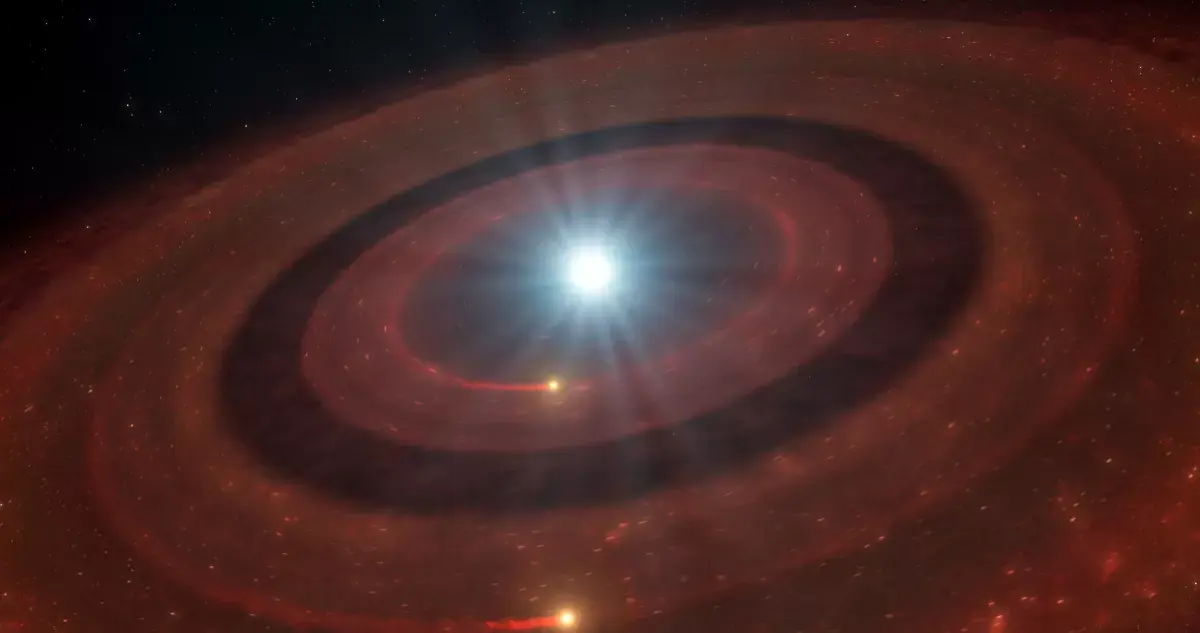 Ilustración de una enana blanca rodeada por dos anillos separados de escombros planetarios, una estructura estudiada por astrónomos para comprender la evolución de los sistemas planetarios.