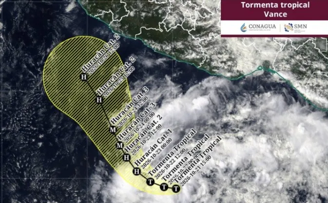 Imagen satelital de la tormenta tropical Vance en el océano Pacífico, al sur de las costas de Guerrero, México