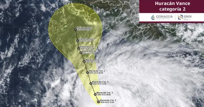 Imagen satelital del huracán Vance en el Pacífico mexicano, donde alcanzó la categoría 2