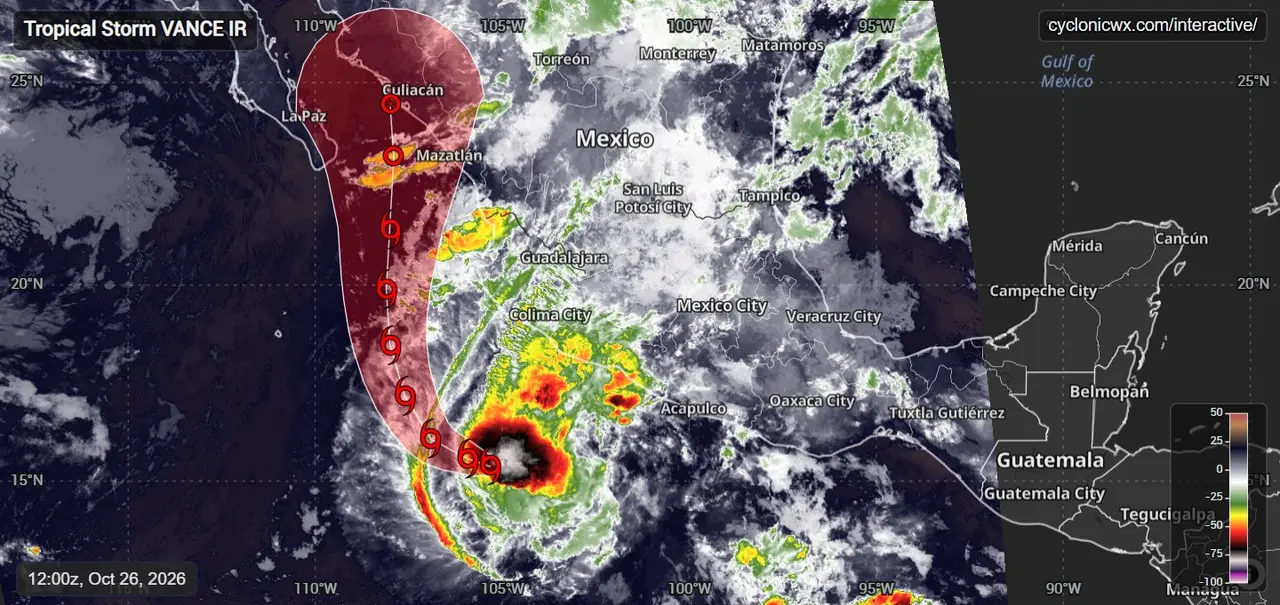 Tormenta tropical Vance frente a las costas del Pacífico mexicano con pronóstico de lluvias fuertes, inundaciones y oleaje elevado en cinco estados.