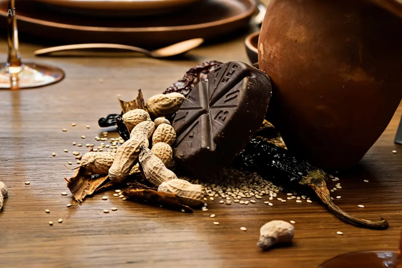 Chocolate, chiles y cacahuates, ingredientes tradicionales utilizados en la preparación del mole poblano.